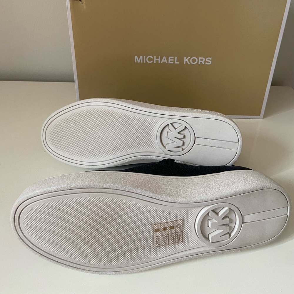 NIB Michael Kors Juno Knit Slip On Sneaker Women's Size 7.5 Stretch Black/Bronze - Picture 4 of 5